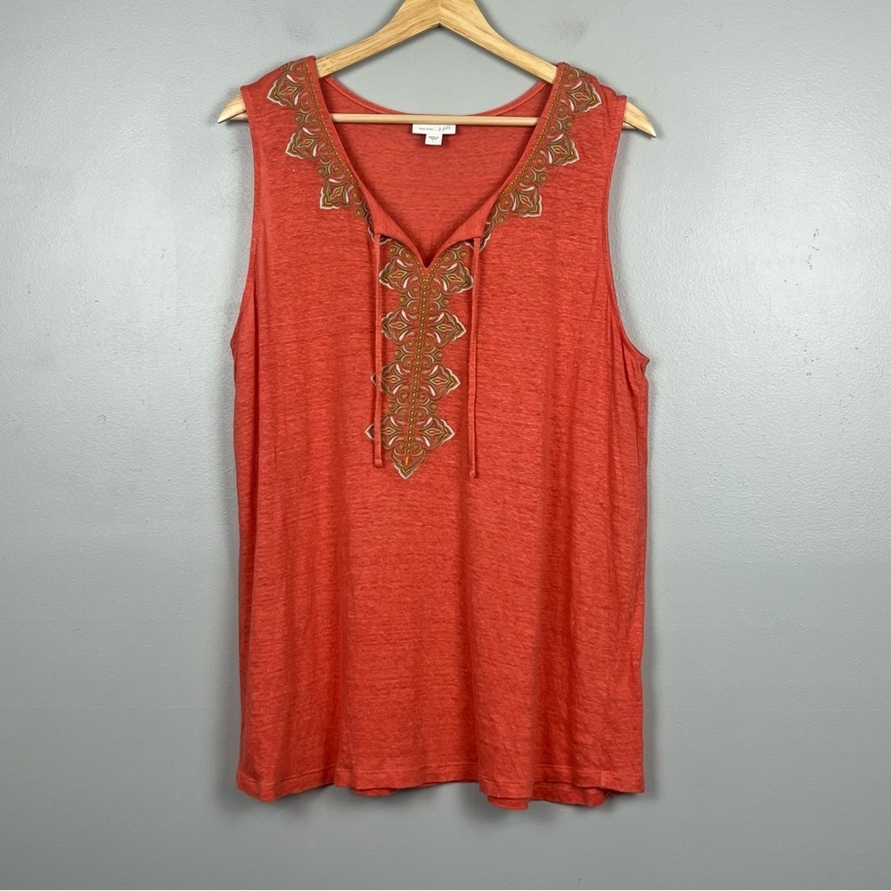 J.Jill LoveLinen 100% linen orange embroidered sleeveless knit top, large.